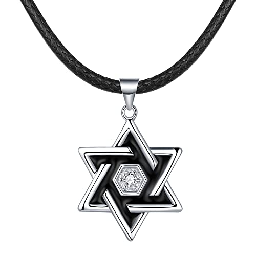 REIOT Davidstern Halskette für Herren, Sechszackiger Jüdischer Sternanhänger mit Wachsleder Seilkette, Religiöses AmulettSchmuckgeschenk von REIOT