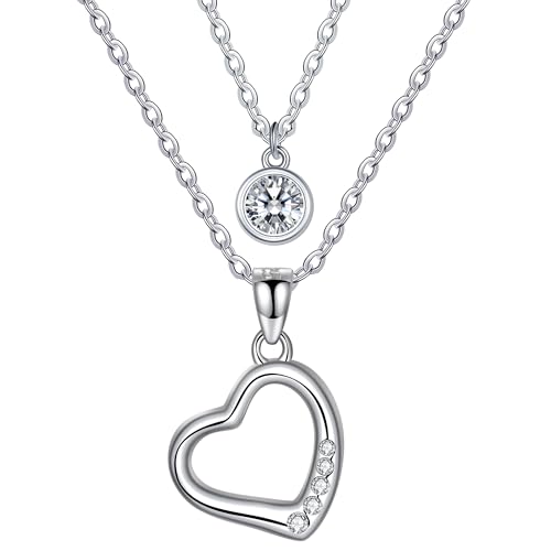 REIOT Herz Halskette Damen, Doppellagige Halskette aus 925er Sterling Silber mit Zirkonia Anhänger, Muttertag Geburtstagsgeschenk, Kettenlänge 45+5 cm von REIOT