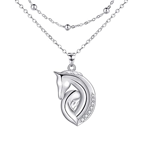 REIOT Mädchen und Pferd Kette Damen 925 Sterling Silber Doppel Layered Halskette mit Zirkonia, Valentinstag Muttertag Geburtstag Geschenk, verstellbar 45+5cm von REIOT