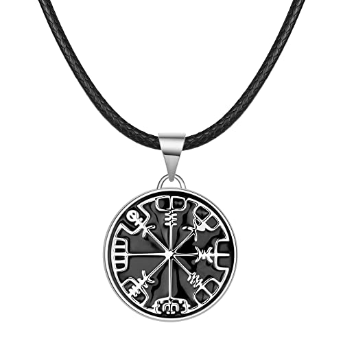 REIOT Wikinger Kompass Kette Damen, Wachs Lederband 925 Sterling Silber Keltische Kompass Halskette Kompass Anhänger Amulett Kompass von REIOT