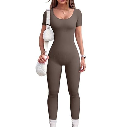 REITINGE Frauen Kurzarm Rippen Stricken Strampler Rundhals Hohe Taille Einfarbig Länge Bodycon Nahtlose Overalls Overall von REITINGE
