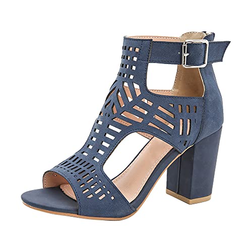 Chunky Heels für Frauen Peep Toe Blockabsatz Damen Sandalen Dressy Ausgehöhlt Schnalle Vintage bequeme Mode Schuhe Blau 36 EU von REKALFO