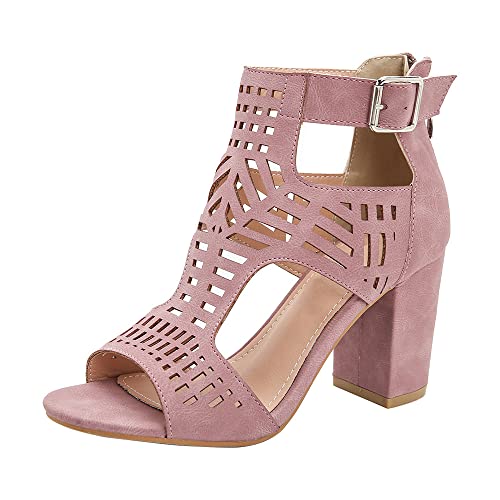 Chunky Heels für Frauen Peep Toe Blockabsatz Damen Sandalen Dressy Ausgehöhlt Schnalle Vintage bequeme Mode Schuhe Rosa 39 EU von REKALFO