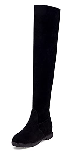 REKALFO Damen Faux Wildleder Overknee Round Toe Stiefel Fashion Dress Zipper Unsichtbare Höhe Erhöhende Winterstiefel Schwarz 44 EU von REKALFO