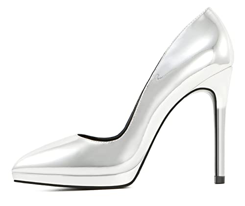 High Heels für Damen PU-Leder Plateau Mode Damen Pumps für Hochzeit Party Freizeitkleidung Silber 37 EU von REKALFO