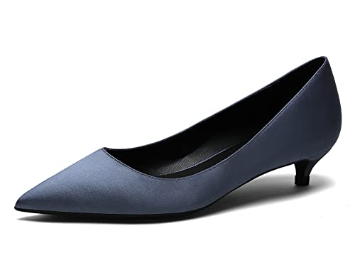 REKALFO Spitz zulaufende Absätze für Damen Satin Damenpumps mit Kitten Heel Slip On Damenschuhe für Hochzeitsfeier Urlaub Blau 40 EU von REKALFO
