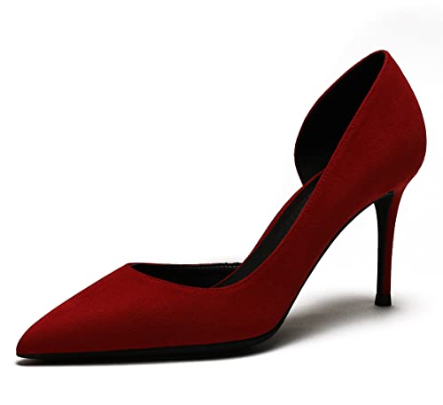 Spitz zulaufende Absätze für Damen Wildleder Hineinschlüpfen Süße Modeschuhe für Frauen Dressy Ideal für Bürohochzeitsfeier Rot 41 EU von REKALFO