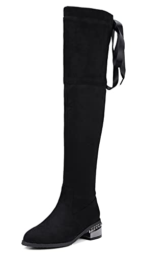 REKALFO Damen Overknee-Stiefel mit seitlichem Reißverschluss flache klobige Blockabsatz-Mode-Winterstiefel Schwarz 45 EU von REKALFO