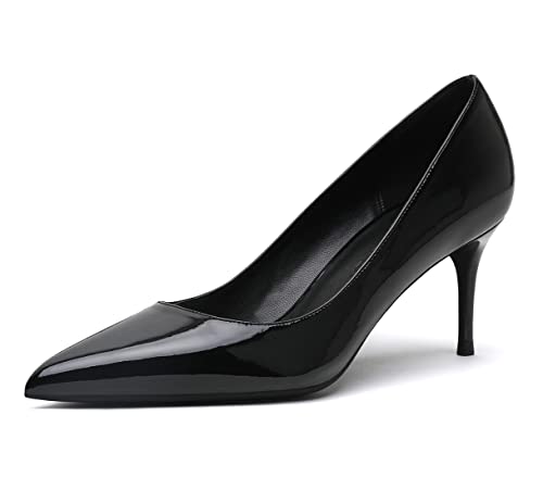 Damen Pumps Lackleder Stöckelschuhe Gespitzte Zehe Kitten Absatz Graduation Schuhe für Frauen Dressy Schwarz 6cm 38 EU von REKALFO