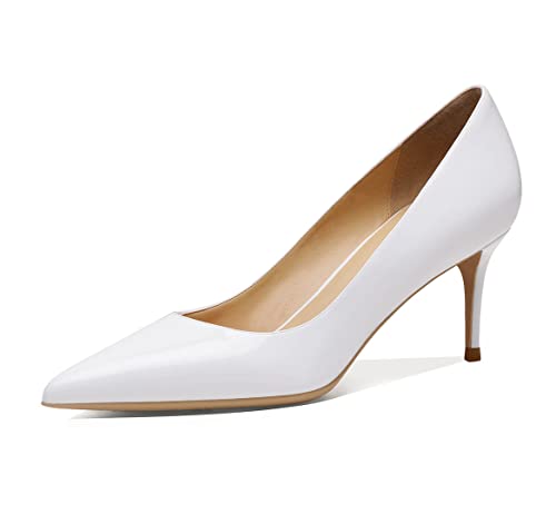 Damen Pumps Lackleder Stöckelschuhe Gespitzte Zehe Kitten Absatz Graduation Schuhe für Frauen Dressy Weiß 6cm 40 EU von REKALFO