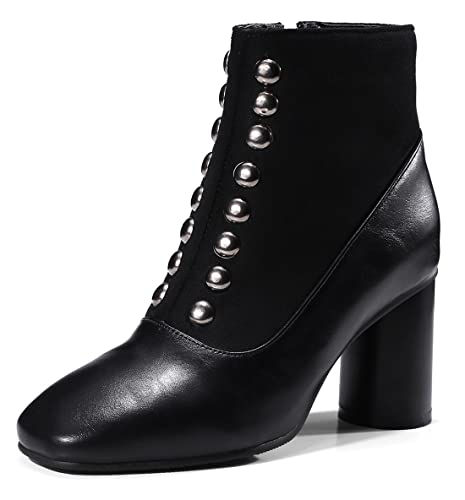 Damen Rivet Round Toe Fashion Dress Ankle Boot Seitlicher Reißverschluss Chunky Heel Bootie Schwarz 44.5 EU von REKALFO