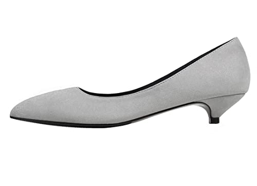 REKALFO Kitten Heels für Damen Wildleder Spitze Zehenpartie Bequeme süße Damenpumps für Party, Hochzeit und Freizeitkleidung Grau 40 EU von REKALFO