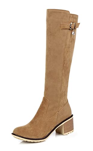 REKALFO Damen-Stiefel aus weichem Wildleder und Nubukleder mit seitlichem Reißverschluss kniehohem lässigem Stiefel mit gestapeltem Absatz Braun 39.5 EU von REKALFO