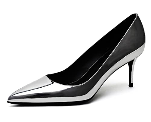 High Heels für Damen Lackleder Pumps für Damen Slip On Brautschuhe für Hochzeitsfeier Causal Silber 37 EU von REKALFO