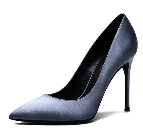 Damen Stiletto High Heels Satin Pumps für Hochzeitsfeier Büro Pump Schuhe Blau 39 EU von REKALFO