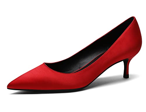 Damen Stiletto Low Mid Heels Pumps Mode Spitz-Toe Slip on Schuhe Rot 37 EU von REKALFO