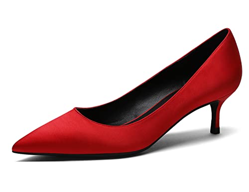Kitten Heels für Damen Satin Pumps für Damen Slip On Abschlussschuhe für Hochzeitsfeier Urlaub Rot 41 EU von REKALFO