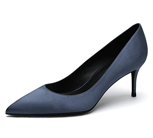 Damen Wide Mid Heels Pumps für Hochzeitsfeier Büro Satin Pump Schuhe Blau 39 EU von REKALFO