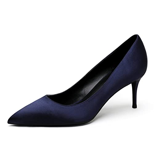 Damen Wide Mid Heels Pumps für Hochzeitsfeier Büro Satin Pump Schuhe Dunkelblau 40 EU von REKALFO