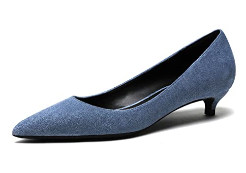 REKALFO Spitz zulaufende Absätze für Damen Wildleder Damenpumps mit Kitten Heel Slip On Damenschuhe für Hochzeitsfeier Urlaub Blau 41 EU von REKALFO