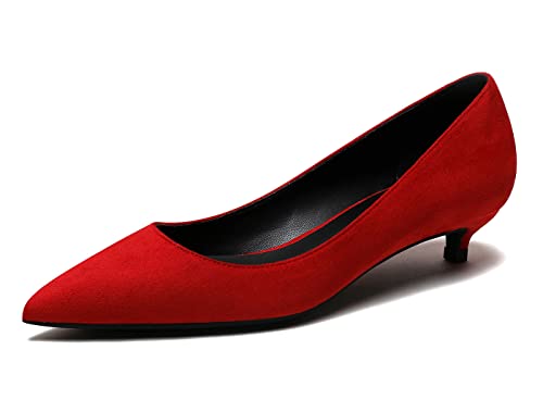 REKALFO Spitz zulaufende Absätze für Damen Wildleder Damenpumps mit Kitten Heel Slip On Damenschuhe für Hochzeitsfeier Urlaub Rot 39.5 EU von REKALFO