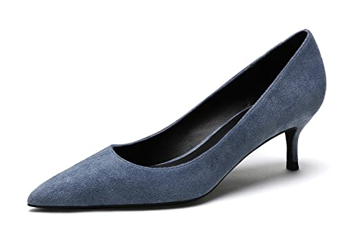 Damen Wildleder Mid Low Heels Heels Pumps Breite Klassische Spitzen-Toe Pump Schuhe Blau 37 EU von REKALFO