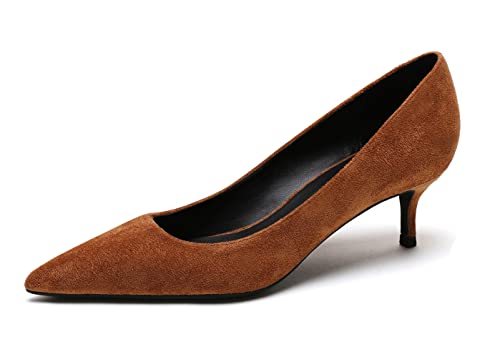 Kitten Heels für Damen Wildleder Pumps für Damen Slip On Abschlussschuhe für Hochzeitsfeier Urlaub Braun 41 EU von REKALFO