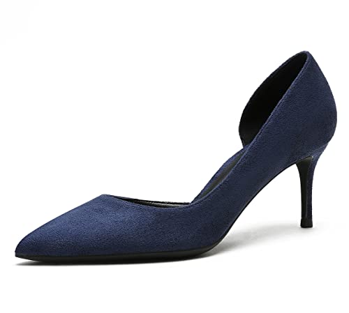 Damen geschlossene Zehen Stiletto Mid Heels Pumps Kleid Wildleder Büro Pump Schuhe Dunkelblau 41 EU von REKALFO