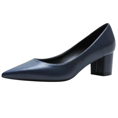 REKALFO Blockabsätze für Damen Dressy Matt Spitze Zehenpartie Klobiger Absatz Slip On Abschlussschuhe für Party Wedding Office Dunkelblau 40 EU von REKALFO
