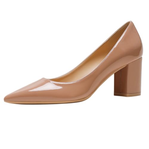 REKALFO Schuhe mit Blockabsätzen für Damen Lackleder Spitze Zehenpartie Slip On Damenpumps für Party Wedding Office Nackt 37.5 EU von REKALFO