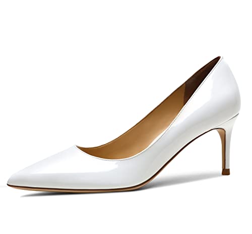 Frauen Pumps Schuhe Mittelabsätze Spitze Zehenkleid Pump Stilettos Weiß 40 EU von REKALFO
