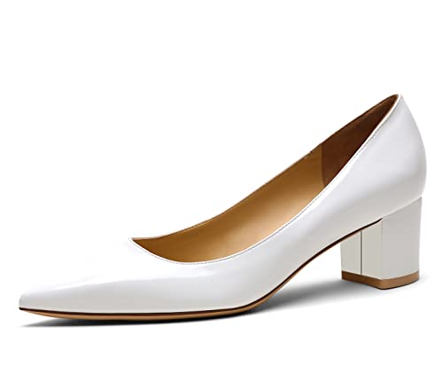 Frauen Spitze Zehe Pumps Chunky Block High Heel Slip On Kleid Party Hochzeitsschuhe Weiß 37 EU von REKALFO