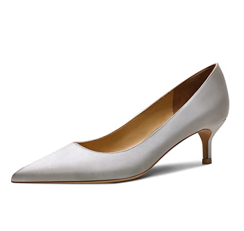 Frauen Stiletto Low Kitten Heel Spitze Zeh Slip-on Pumps Klassische süße Büro Heels Schuhe Silber 37.5 EU von REKALFO