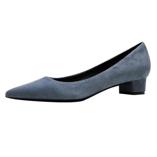 REKALFO Blockabsätze für Damen Wildleder Spitze Zehenpartie Klobiger Absatz Slip On Damenpumps für Party Hochzeit Abschlussfeier Blau 38 EU von REKALFO