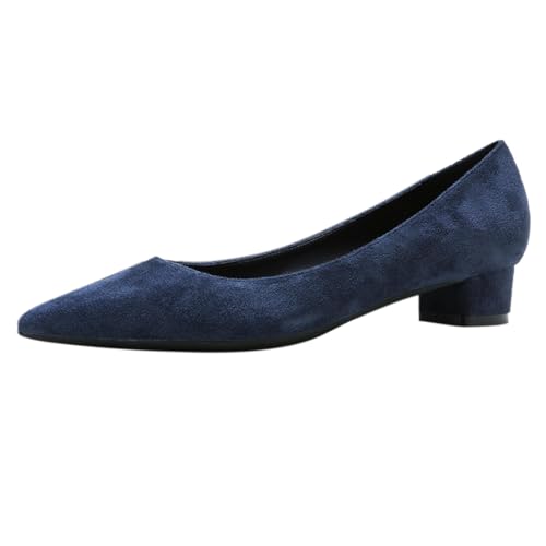REKALFO Blockabsätze für Damen Wildleder Spitze Zehenpartie Klobiger Absatz Slip On Damenpumps für Party Hochzeit Abschlussfeier Dunkelblau 39 EU von REKALFO