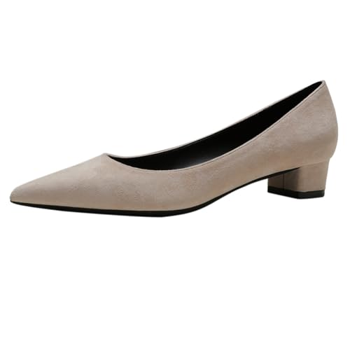 REKALFO Blockabsätze für Damen Wildleder Spitze Zehenpartie Klobiger Absatz Slip On Damenpumps für Party Hochzeit Abschlussfeier Nackt 34 EU von REKALFO