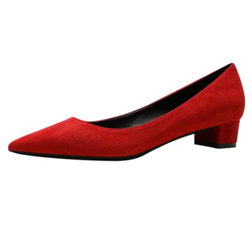 REKALFO Blockabsätze für Damen Wildleder Spitze Zehenpartie Klobiger Absatz Slip On Damenpumps für Party Hochzeit Abschlussfeier Rot 42 EU von REKALFO