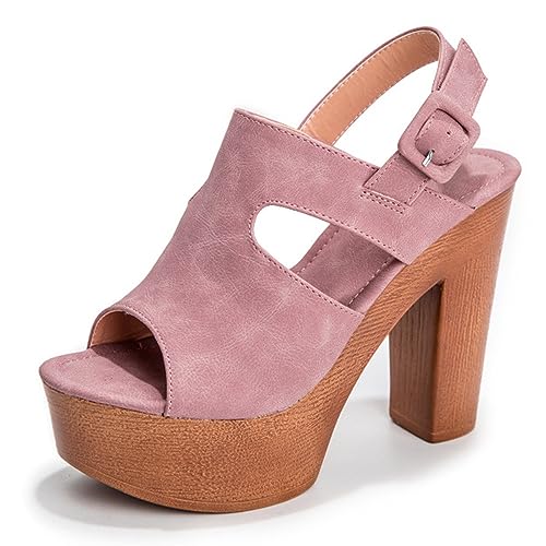 Knöchelriemen Riemchen-Absätze Schnalle Aushöhlung Peep Toe Retro Bequeme Mode Schuhe Dressy Sandalen für Frauen Rosa 36 EU von REKALFO