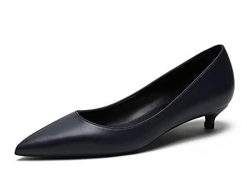 Mattiert Pumps Schuhe Frauen Stiletto Absätze Schlüpfen Niedlich Pointed Toe Heels für Frauen Dunkelblau 3cm 34 EU von REKALFO