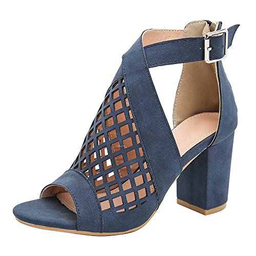 Peep Toe Absätze für Frauen Ausgehöhlt Schnalle Knöchelriemen Block High Heels Riemchensandalen Retro Casual Bequeme Schuhe Blau 39 EU von REKALFO