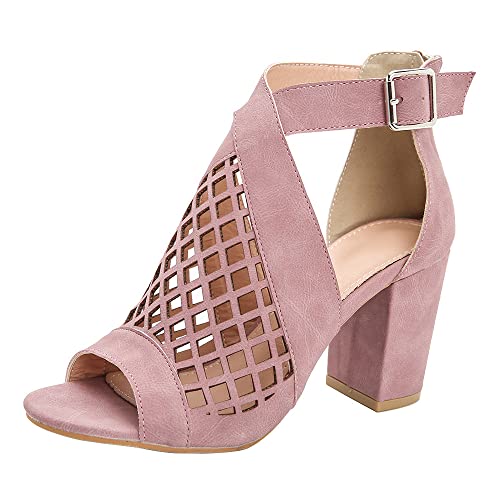 Peep Toe Absätze für Frauen Ausgehöhlt Schnalle Knöchelriemen Block High Heels Riemchensandalen Retro Casual Bequeme Schuhe Rosa 36 EU von REKALFO