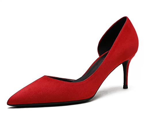 Pumps Schuhe Frauen Wildleder Gespitzte Zehe Stöckelabsatz Bequeme Mode Graduation Heels für Mädchen Rot 6cm 39 EU von REKALFO
