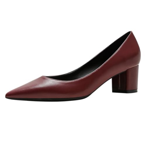 REKALFO Blockabsätze für Damen Dressy Matt Spitze Zehenpartie Klobiger Absatz Slip On Abschlussschuhe für Party Wedding Office Weinrot 39.5 EU von REKALFO
