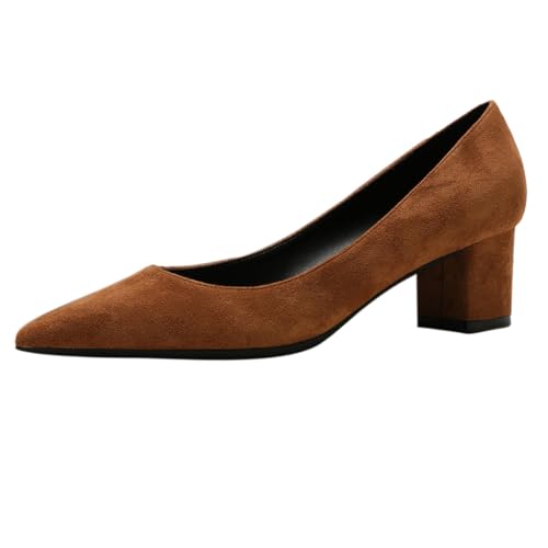 REKALFO Blockabsätze für Damen Dressy Wildleder Spitze Zehenpartie Klobiger Absatz Slip On Abschlussschuhe für Party Wedding Office Braun 37 EU von REKALFO