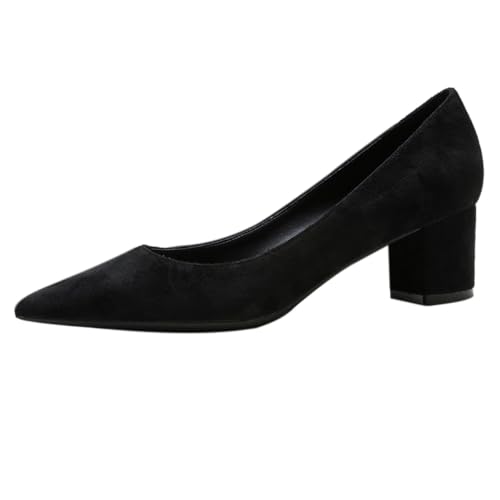 REKALFO Blockabsätze für Damen Dressy Wildleder Spitze Zehenpartie Klobiger Absatz Slip On Abschlussschuhe für Party Wedding Office Schwarz 38 EU von REKALFO