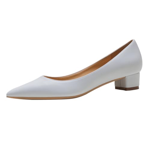 REKALFO Blockabsätze für Damen Matt Spitze Zehenpartie Klobiger Absatz Slip On Damenpumps für Party Hochzeit Abschlussfeier Weiß 39 EU von REKALFO