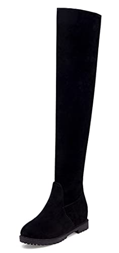 REKALFO Damen Faux Wildleder Overknee Round Toe Stiefel Fashion Dress Zipper Unsichtbare Höhe Erhöhende Winterstiefel Schwarz 37 EU von REKALFO