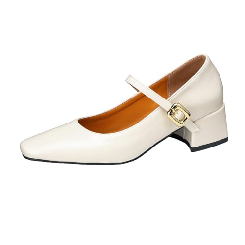 REKALFO Damen Mary Jane Schuhe mit niedrigem Kleid Absatz Zum Hineinschlüpfen Quadratische Zehe Klassische Bequeme klobige Absätze für Arbeit, Büro, Freizeit und Brautmode Beige 44.5 EU von REKALFO