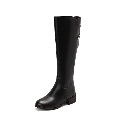 REKALFO Damen Mid Calf Stiefel Low Heel Knie High Boot Mode Reißverschluss Winter Stiefel Schwarz 44.5 EU von REKALFO