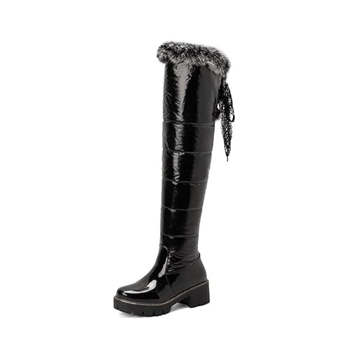 REKALFO Damen Overknee High Stiefel Pull On Dicke Kunstpelz gefütterte Winter Schneestiefel Schwarz 42 EU von REKALFO